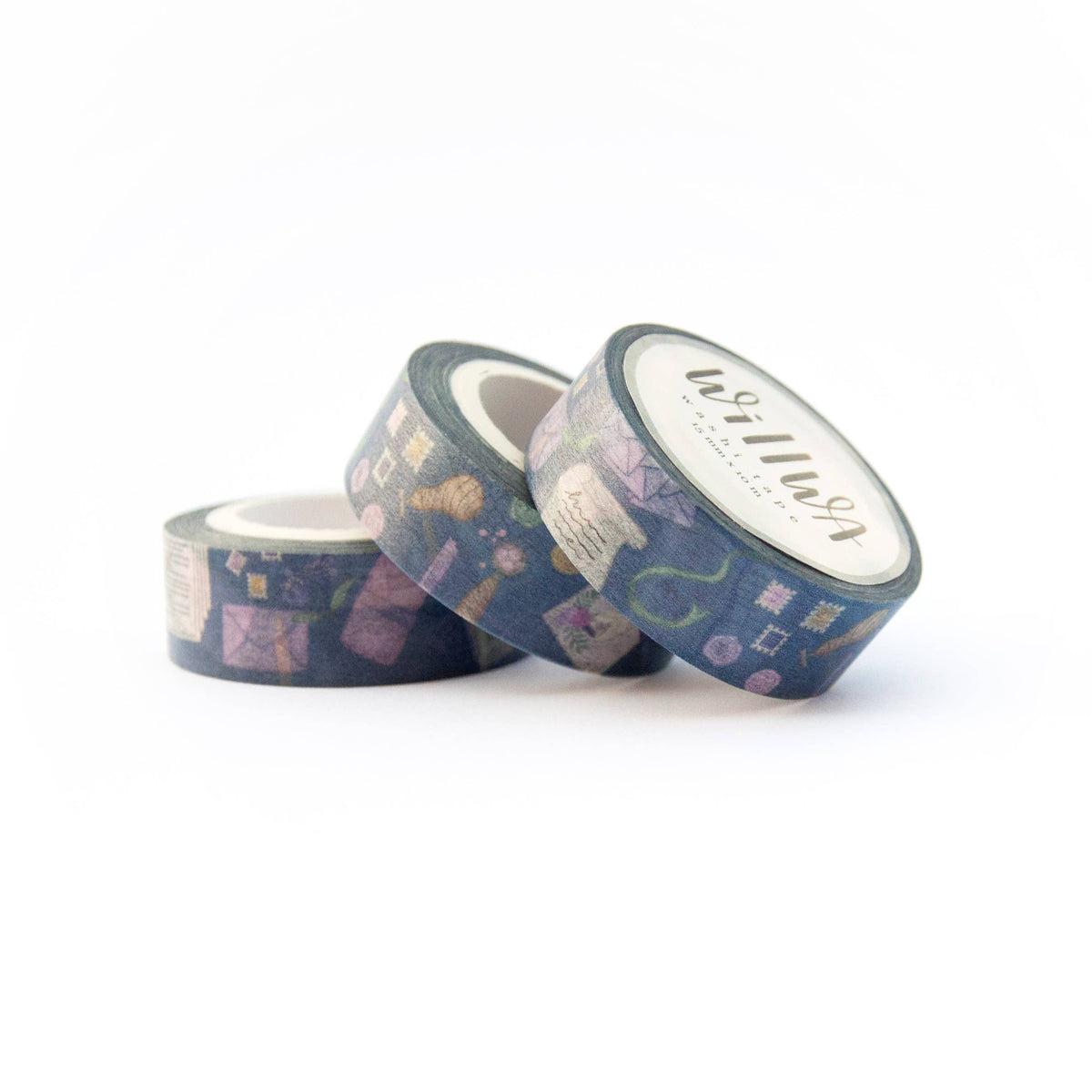 Set of blue washi tape rolls with stationery print and white inner core label.