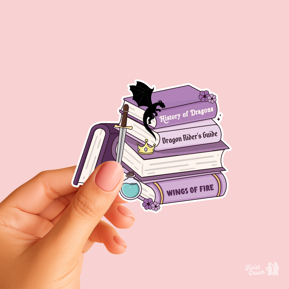 Book lover sticker set with stacked purple books and black dragon character