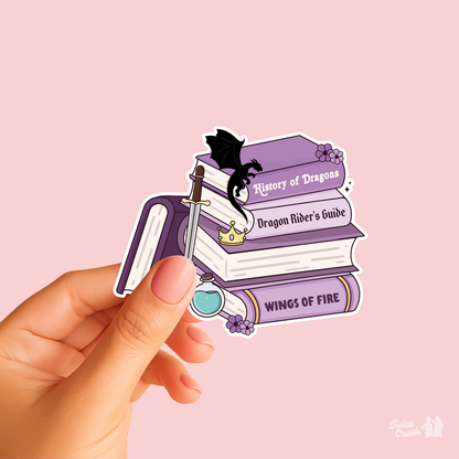 Book lover sticker set with stacked purple books and black dragon character