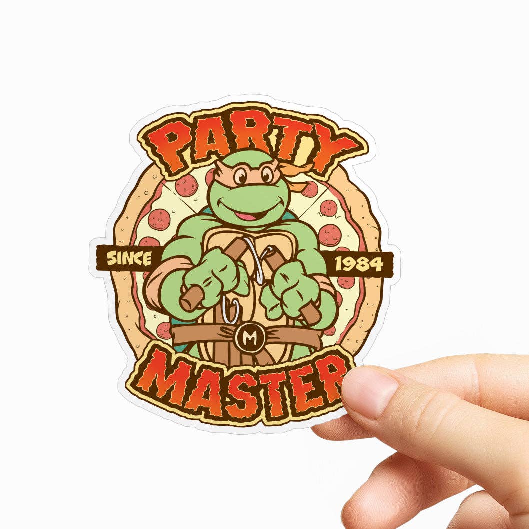 Die-cut sticker in hand with cartoon green character and 'Party Master Since 1984' wording