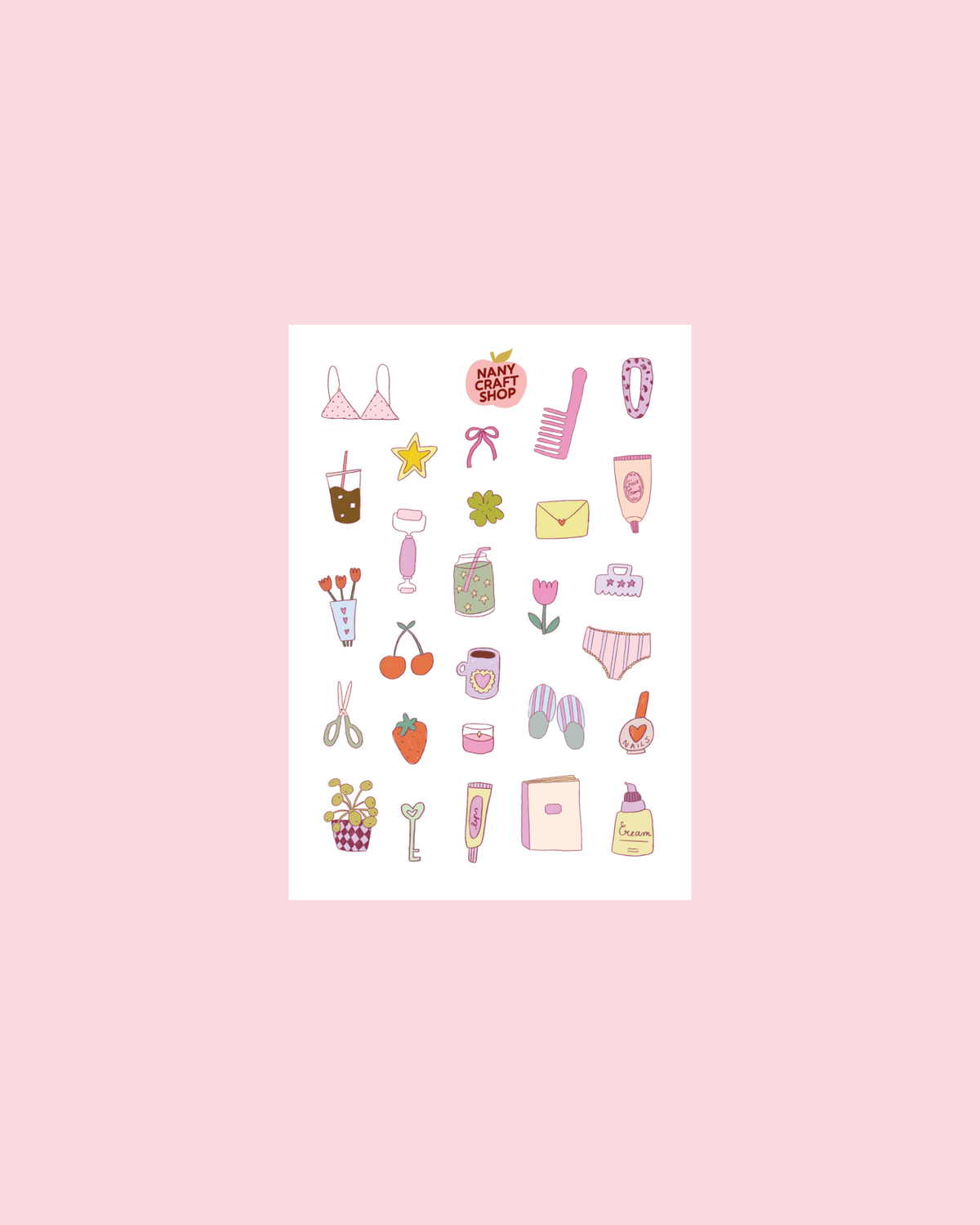 Sticker sheet with girly icons: dresses, shoes, envelopes, cherries, tulips, hearts
