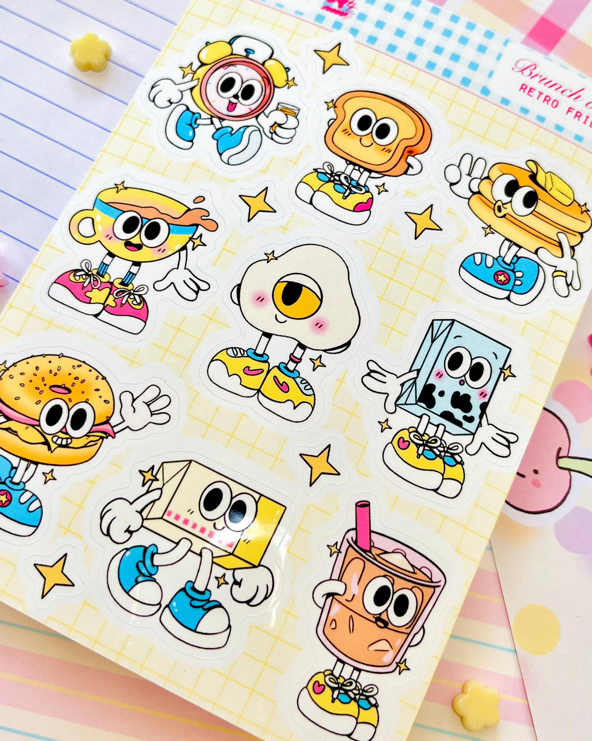 Retro Friends sticker sheet with cartoon characters, stars, and smiling faces