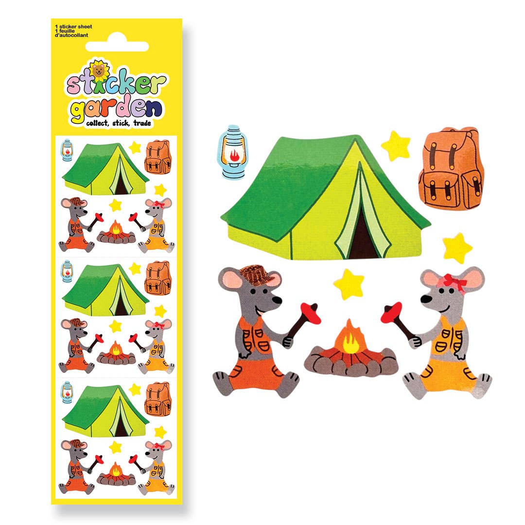 Camping mouse sticker sheet with tents, lantern, fire, stars, and backpacks in glossy style