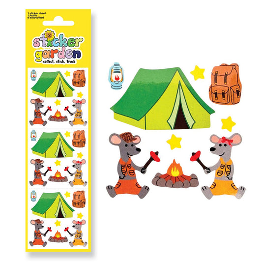 Camping mouse sticker sheet with tents, lantern, fire, stars, and backpacks in glossy style
