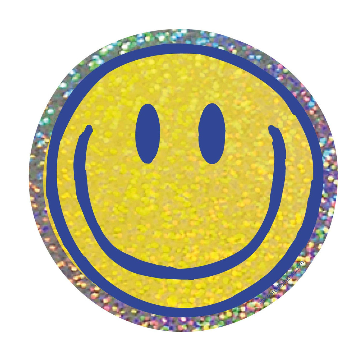 Smiley vinyl sticker: yellow smiley face, blue outline, glitter rainbow border.