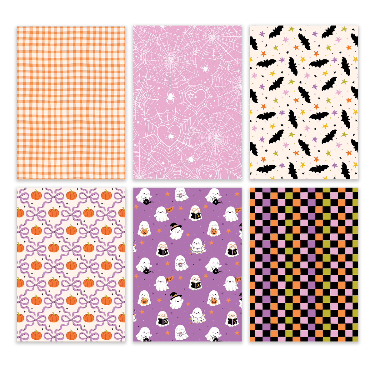 Journaling paper set sheets: orange gingham, spiderweb, bats, ghost icons, purple checks