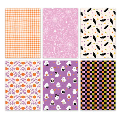 Journaling paper set sheets: orange gingham, spiderweb, bats, ghost icons, purple checks