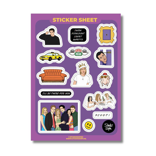 Friends-themed A5 sticker sheet with die-cut character stickers and quote badges on purple