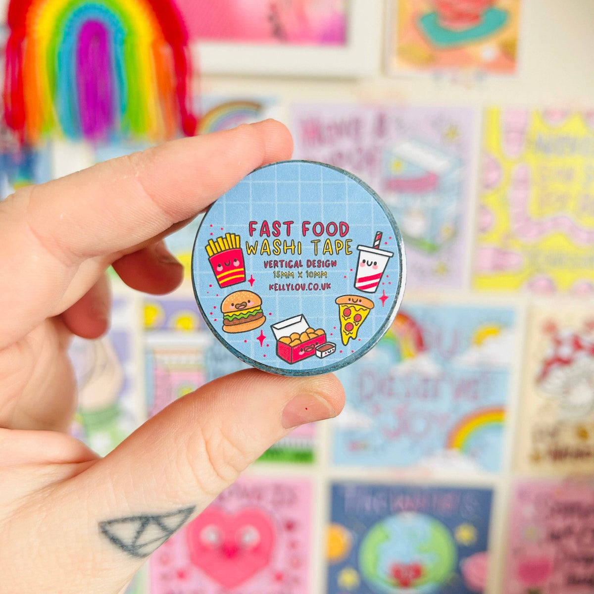 Fast food washi tape roll label with burger, fries, pizza, and drink icons