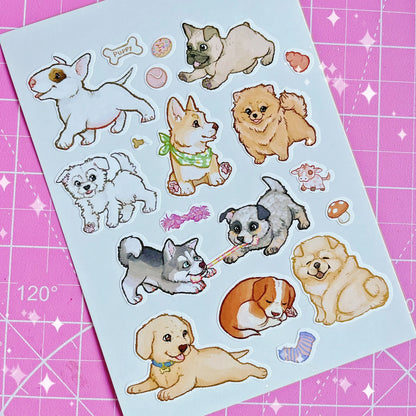 Cute puppy sticker sheet with assorted white, gray, tan, and brown cartoon dogs