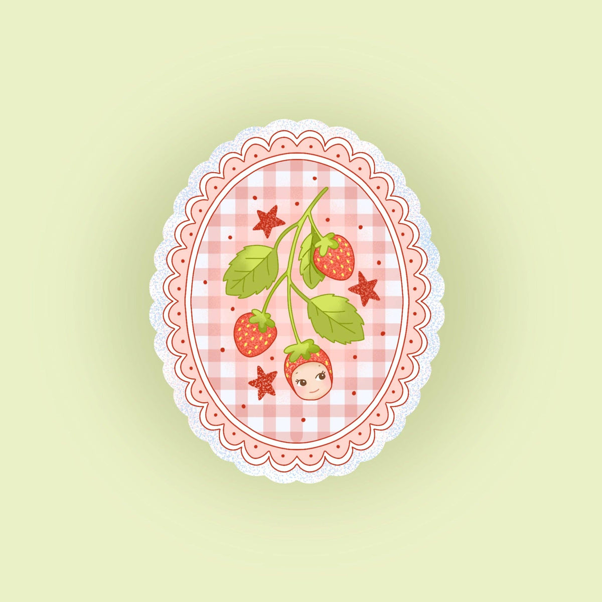Strawberry medallion sticker with pink scalloped border and plaid berry girl graphic