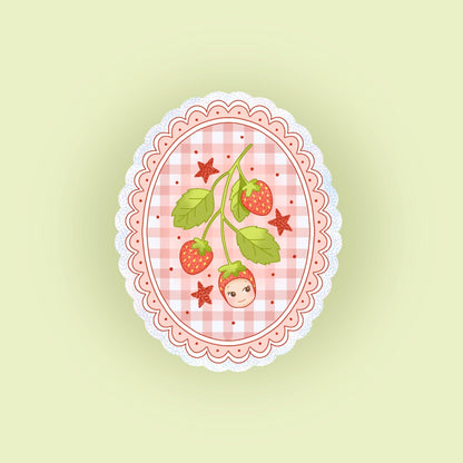 Strawberry medallion sticker with pink scalloped border and plaid berry girl graphic