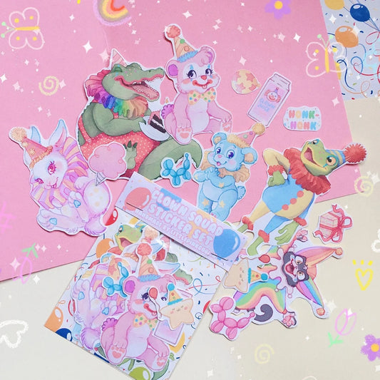 Colorful clown-themed animal vinyl sticker pack, 14 large die-cut stickers
