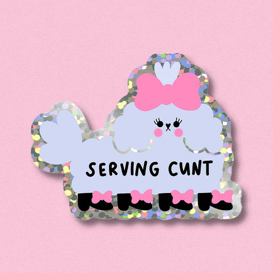 Glitter sticker with cartoon clouds, pink bows, and text 'SERVING CWNT'