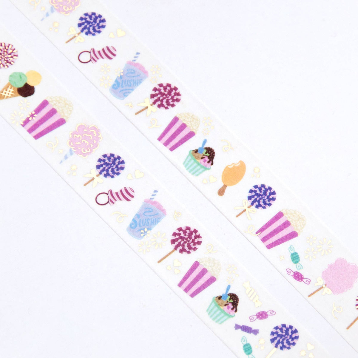Pastel patterned washi tape with purple lollipops, ice creams, and small flower icons