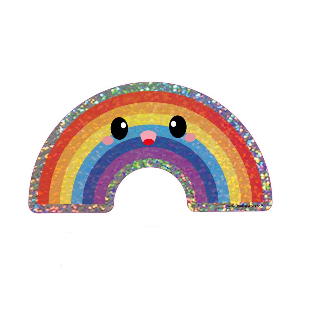 Rainbow glitter vinyl sticker, arched rainbow with bear face and sparkly glitter finish