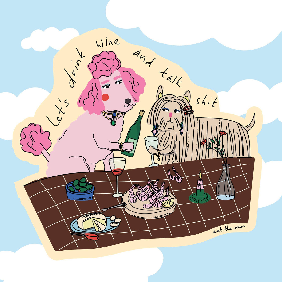 Wine-themed illustrated die-cut vinyl sticker with pink dog and cat at a tabletop