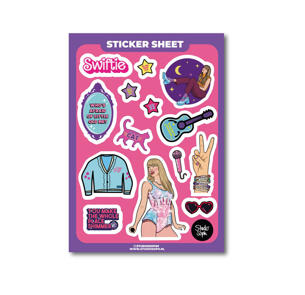 A5 sticker sheet with Swifie design: cat, guitar, stars, heart and outfit stickers