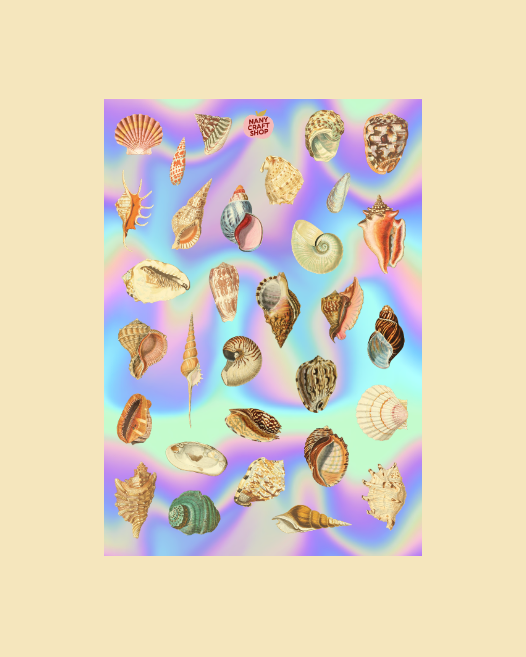 Holographic seashell sticker sheet with assorted shell shapes in rainbow iridescent finish