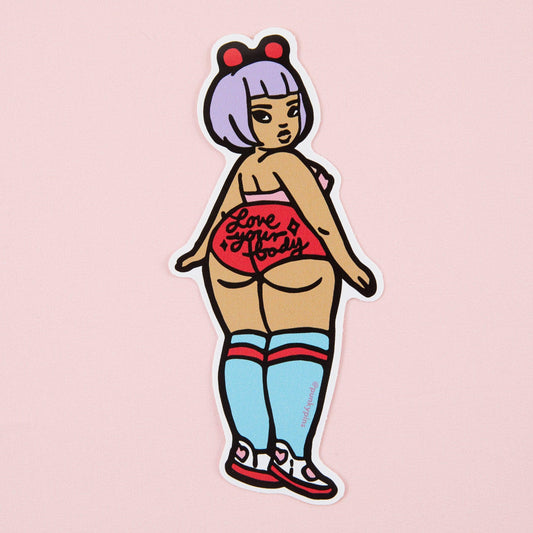 Cartoon vinyl sticker of a confident woman with purple hair and lingerie graphic