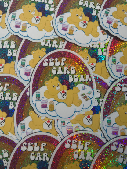 3-inch glitter sticker pack with multiple Self Care Bear designs and rainbow glitter frames