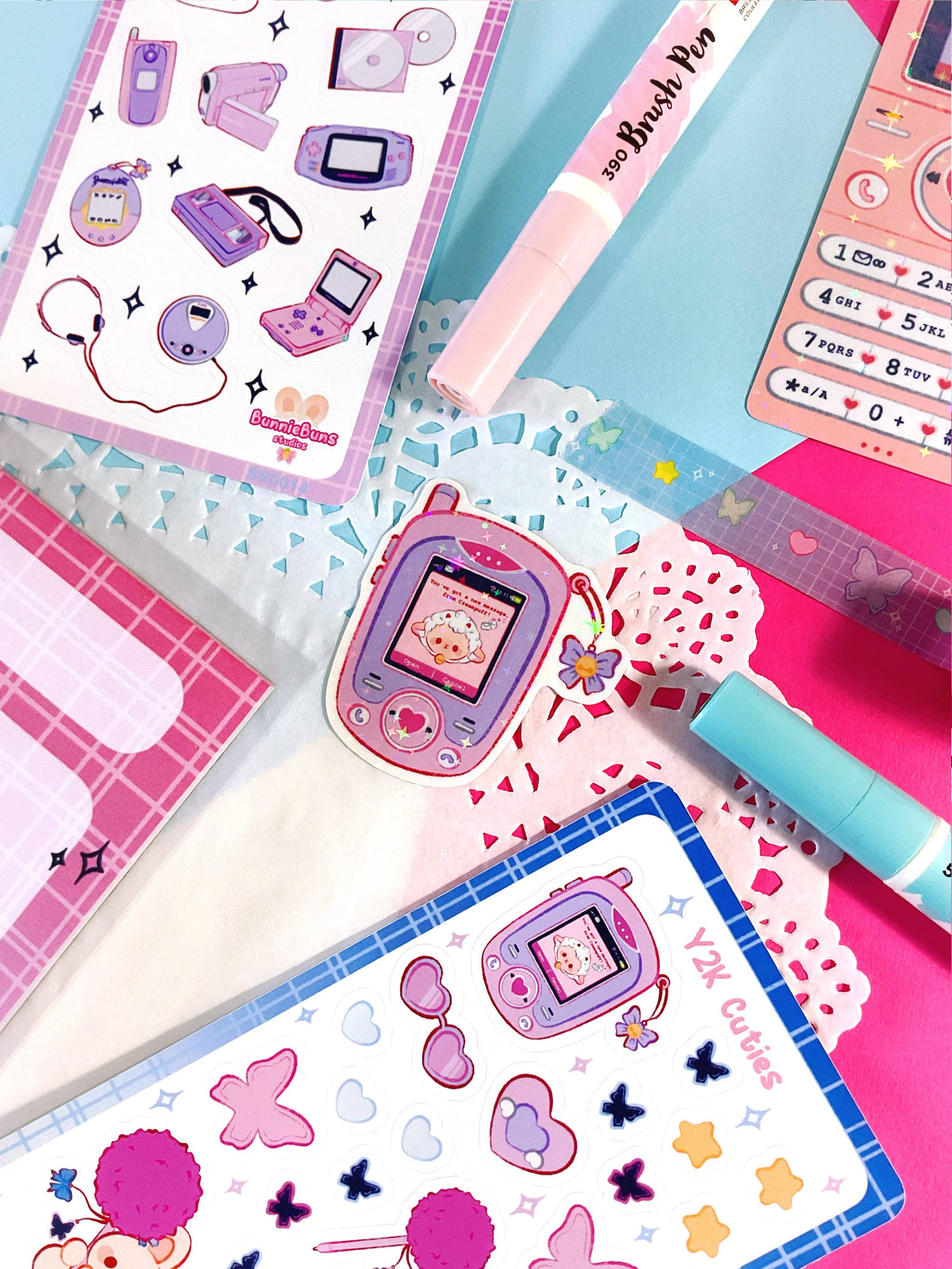 Retro phone holographic sticker sheet with hearts, stars, and flower accents