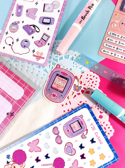 Retro phone holographic sticker sheet with hearts, stars, and flower accents
