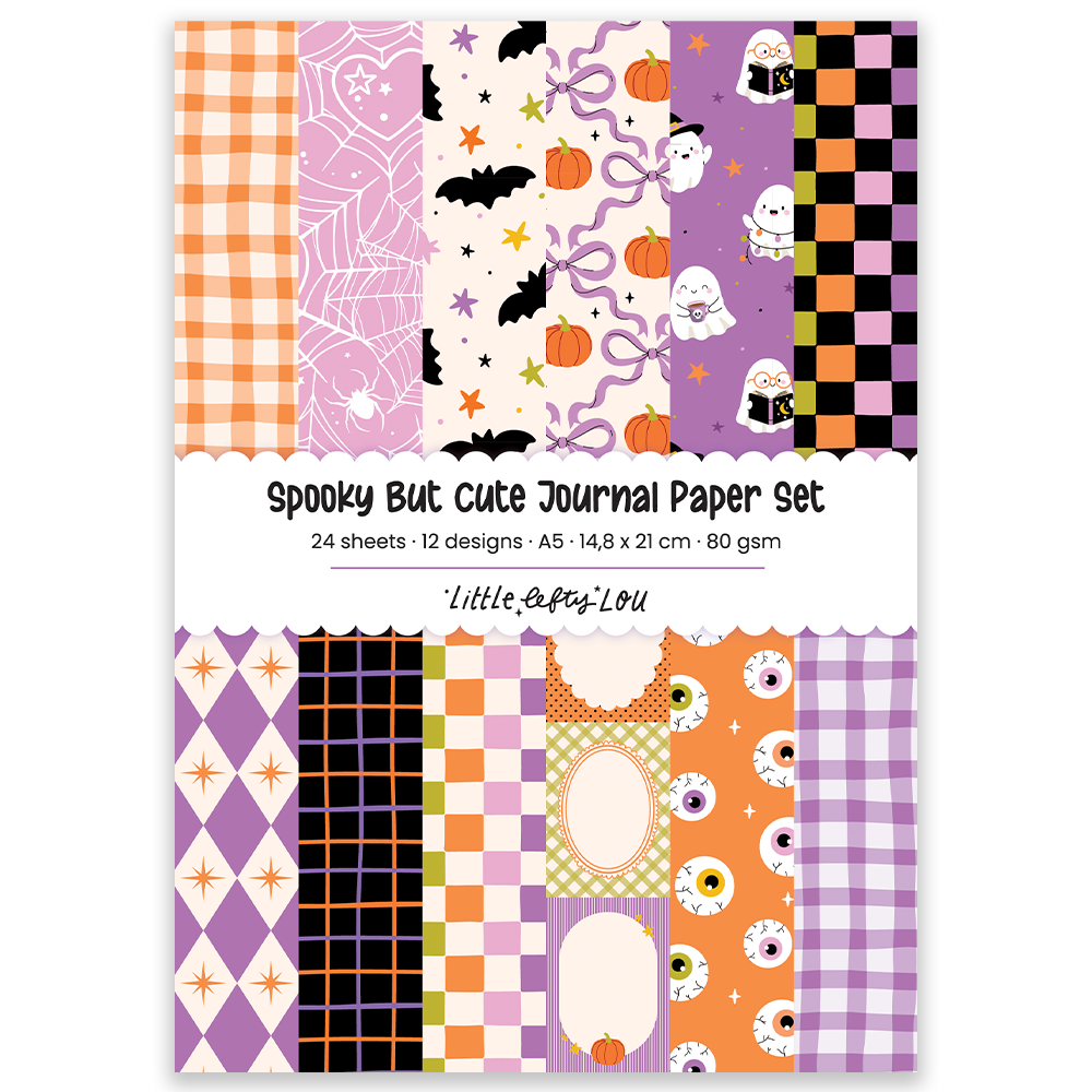 Journaling paper set with purple Halloween designs, bats, spiderwebs, pumpkin and checker borders