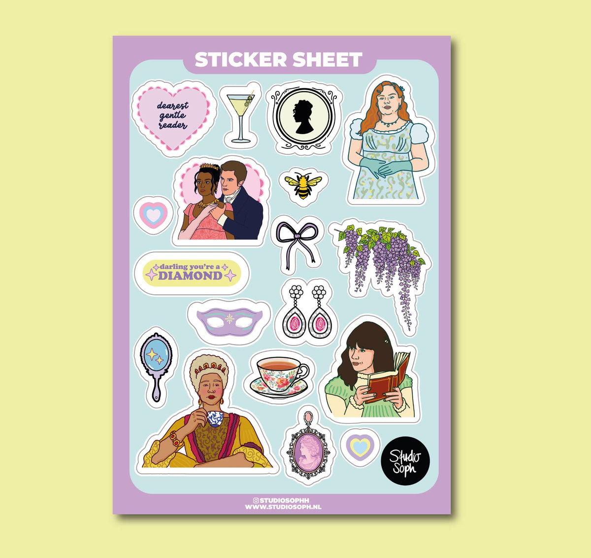A5 sticker sheet featuring readers, drink icon, bows, grapes, hearts, and facial silhouettes