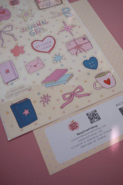 A5 sticker sheet with stationery stickers plus a white product label and QR code