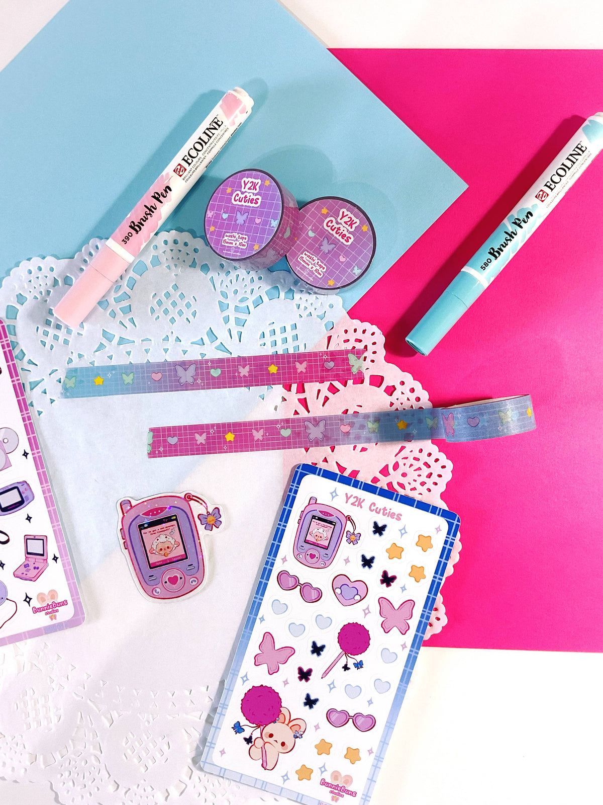Y2K cuties washi tape set with pastel pink and blue patterned tape rolls and strips