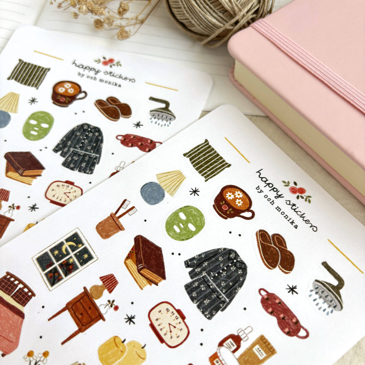 Bedtime sticker sheets with pajama, teapot, nightstand, and window scene stickers