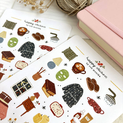 Bedtime sticker sheets with pajama, teapot, nightstand, and window scene stickers