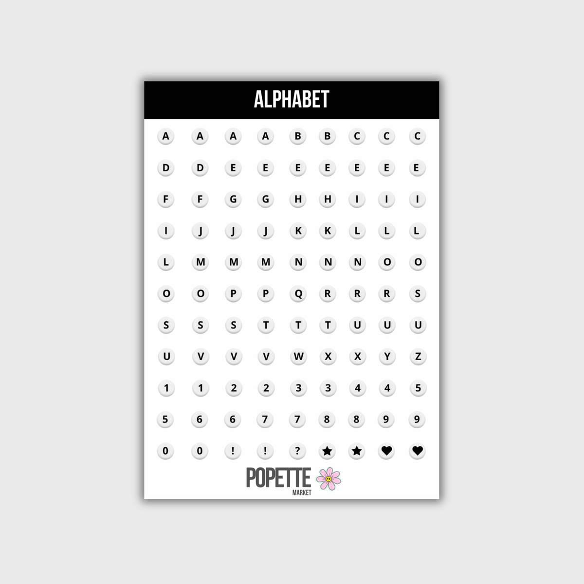 Pearl alphabet sticker sheet with A–Z letters, numbers, hearts and stars, POPETTE