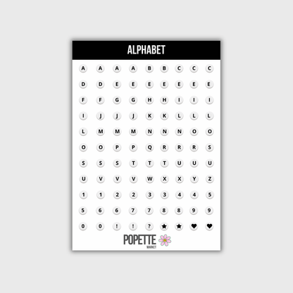 Pearl alphabet sticker sheet with A–Z letters, numbers, hearts and stars, POPETTE