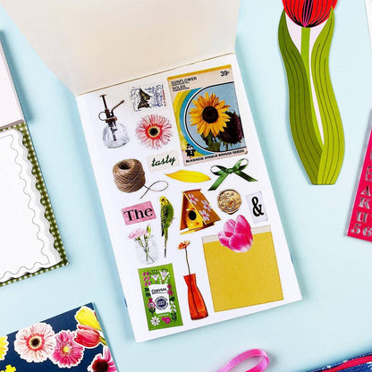 Sticker book page with botanical labels, sunflowers, vials, and garden-themed icon stickers