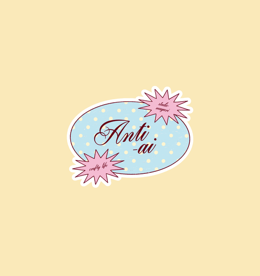 Holographic anti-AI sticker, blue polka-dot oval with pink starburst accents