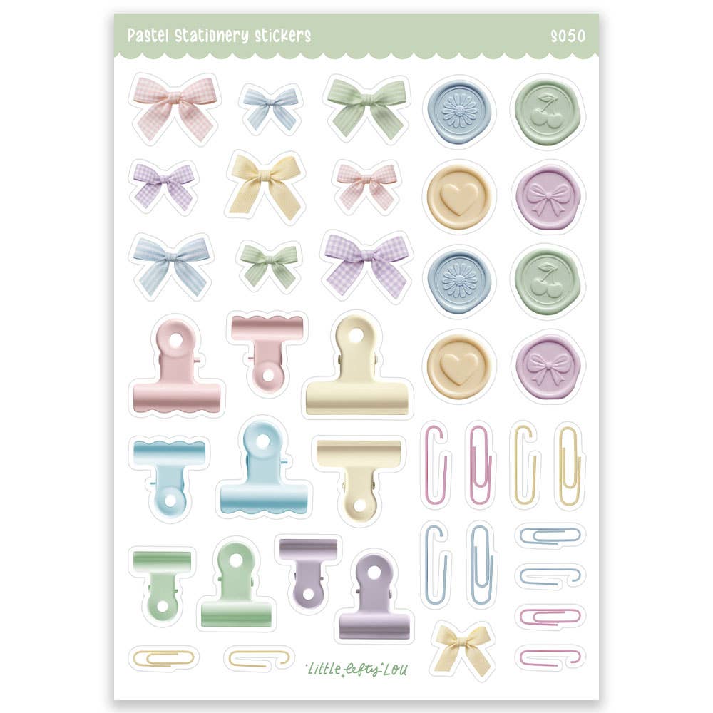 Pastel sticker sheet featuring ribbon bows, hearts, tabs, and key charm icons