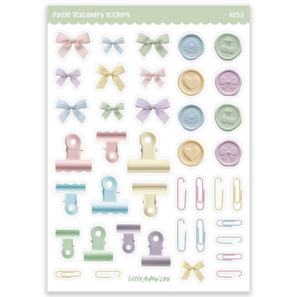 Pastel sticker sheet featuring ribbon bows, hearts, tabs, and key charm icons