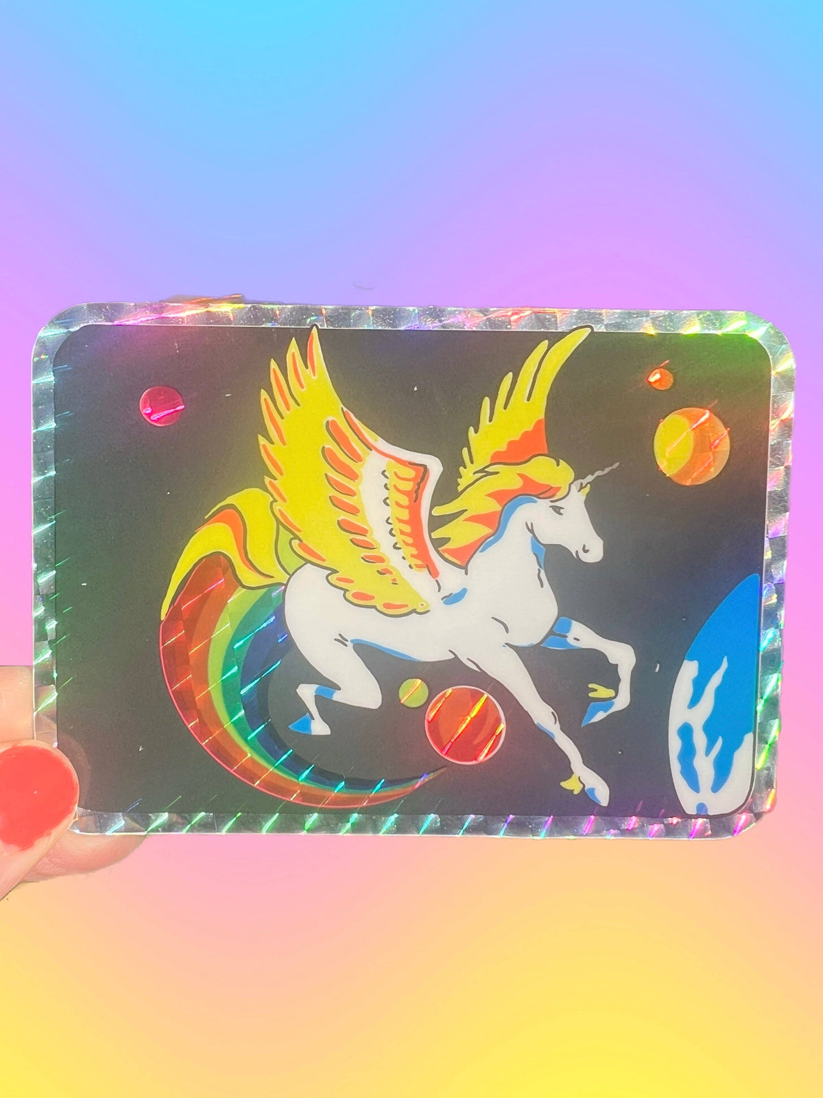 Pegasus glitter sticker with holographic border and rainbow-winged unicorn illustration
