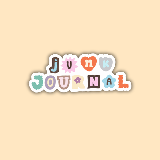 Cloud-shaped letter stickers spelling 'JUNK JOURNAL' in pastel colors