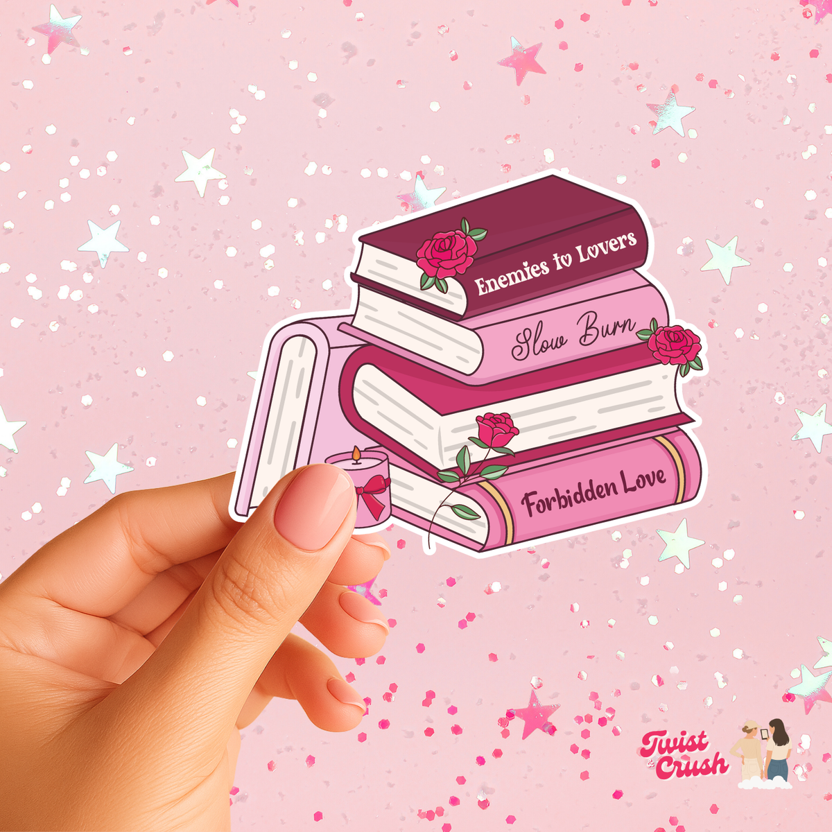 Book lover sticker set featuring stacked books with roses, held in hand