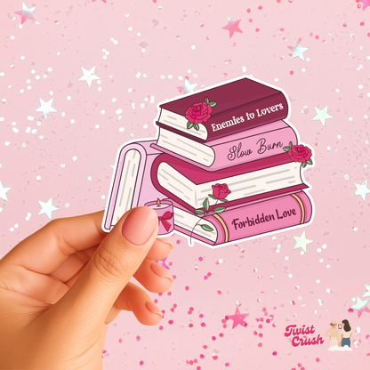 Book lover sticker set featuring stacked books with roses, held in hand