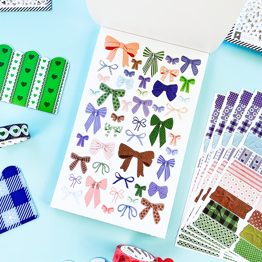 Sticker sheet with colorful bow accents in pink, purple, green, and brown