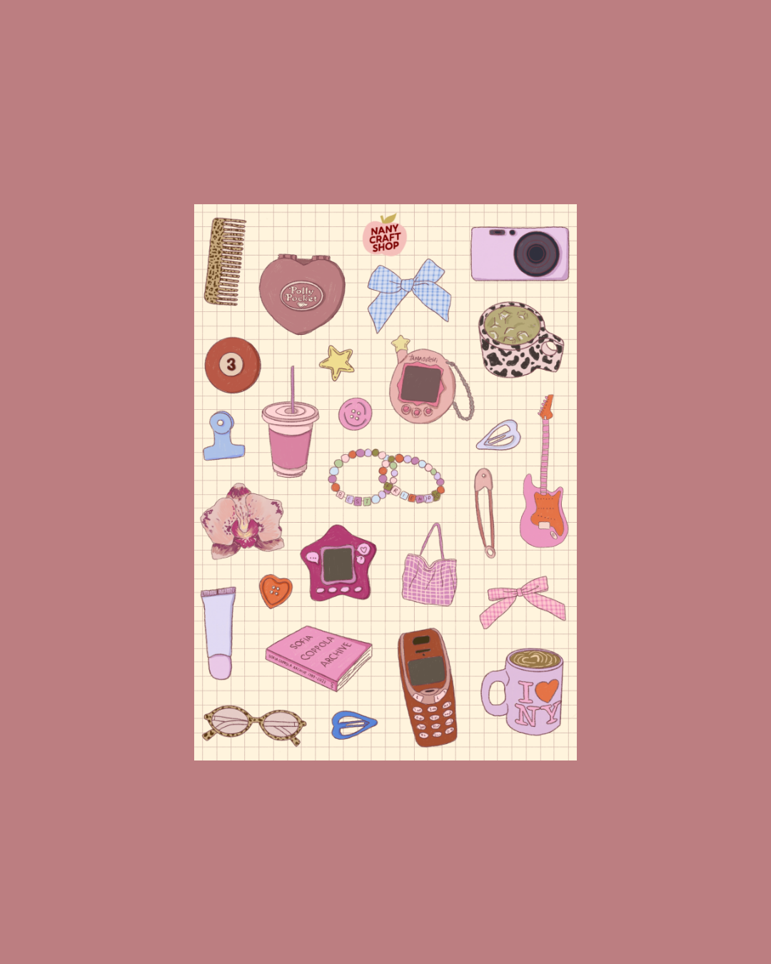 A5 sticker sheet with assorted retro stickers: camera, hearts, phones, guitar, bracelets
