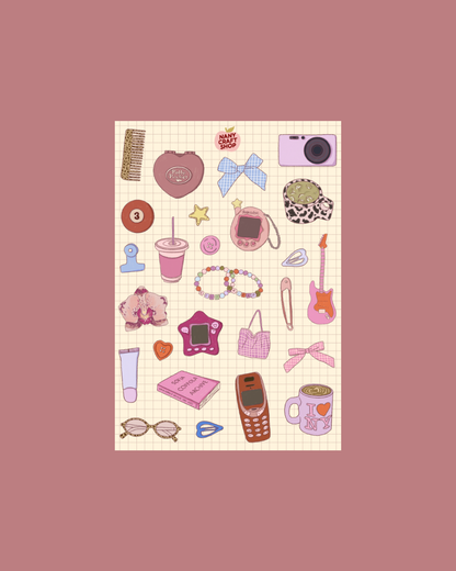 A5 sticker sheet with assorted retro stickers: camera, hearts, phones, guitar, bracelets