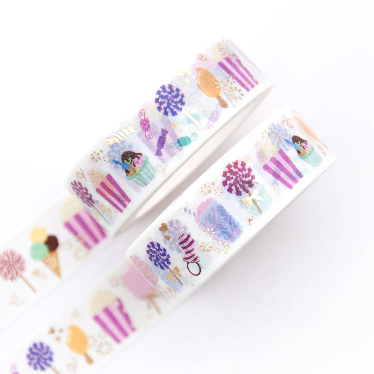 Pastel washi tape with ice cream, candy, and purple/pink stripe icons