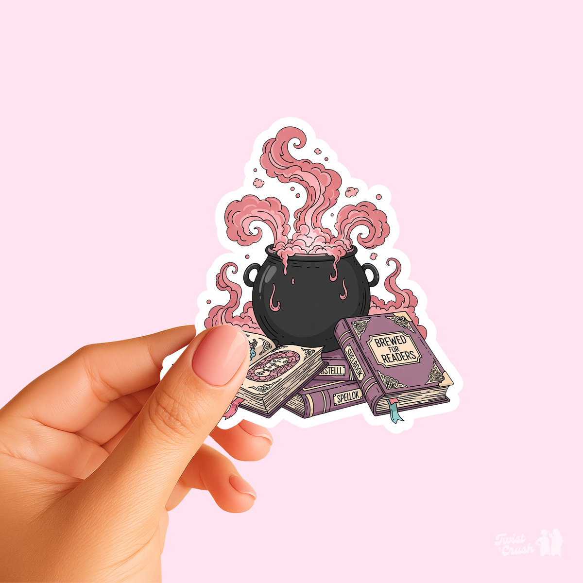 Bookish book lover sticker showing black cauldron with swirling pink books
