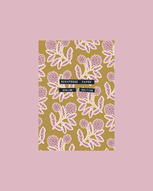 A5 scrapbook paper sheet with lilac floral vines and flowers, Spring Edition label