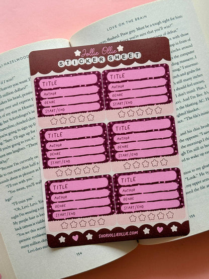 Maroon and purple book review sticker sheet with scalloped label boxes and text lines